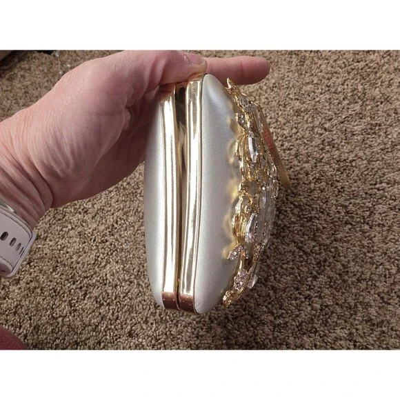 Gold Floral Crystal Metallic Top Handle Clutch Detachable Strap Women - Picture 3 of 7